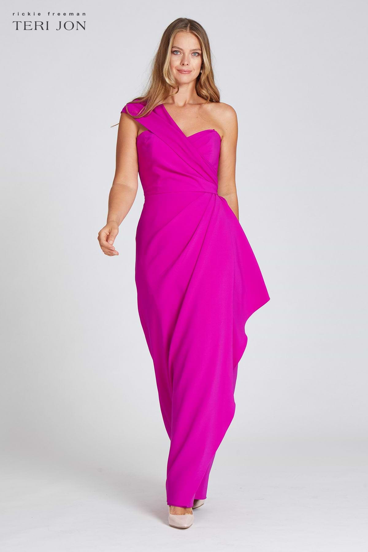 Teri Jon One Shoulder Side Drape Gown - Hot Pink