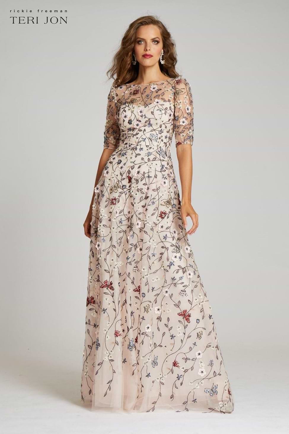Teri Jon by Rickie Freeman Women's Floral Embroidered Gown - Blush Multi - Size 14