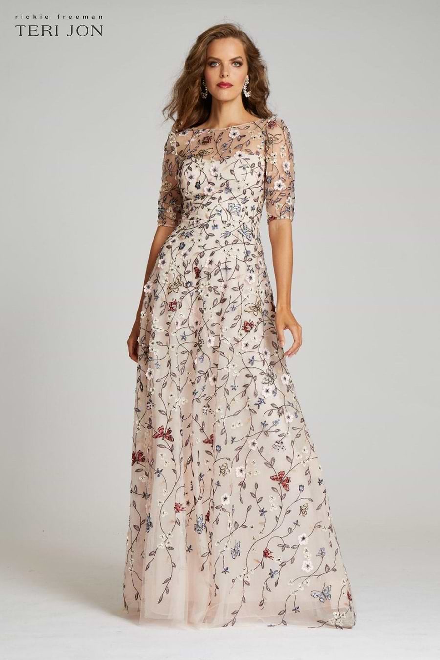Teri Jon by Rickie Freeman Women's Floral Embroidered Gown - Blush Multi - Size 14 Teri Jon by Rickie Freeman Women's Floral Embroidered Gown - Blush Multi - Size 14
