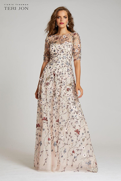 Teri Jon by Rickie Freeman Women's Floral Embroidered Gown - Blush Multi - Size 14
