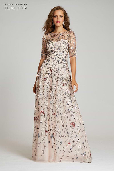 Teri Jon by Rickie Freeman Women's Floral Embroidered Gown - Blush Multi - Size 14 Teri Jon by Rickie Freeman Women's Floral Embroidered Gown - Blush Multi - Size 14