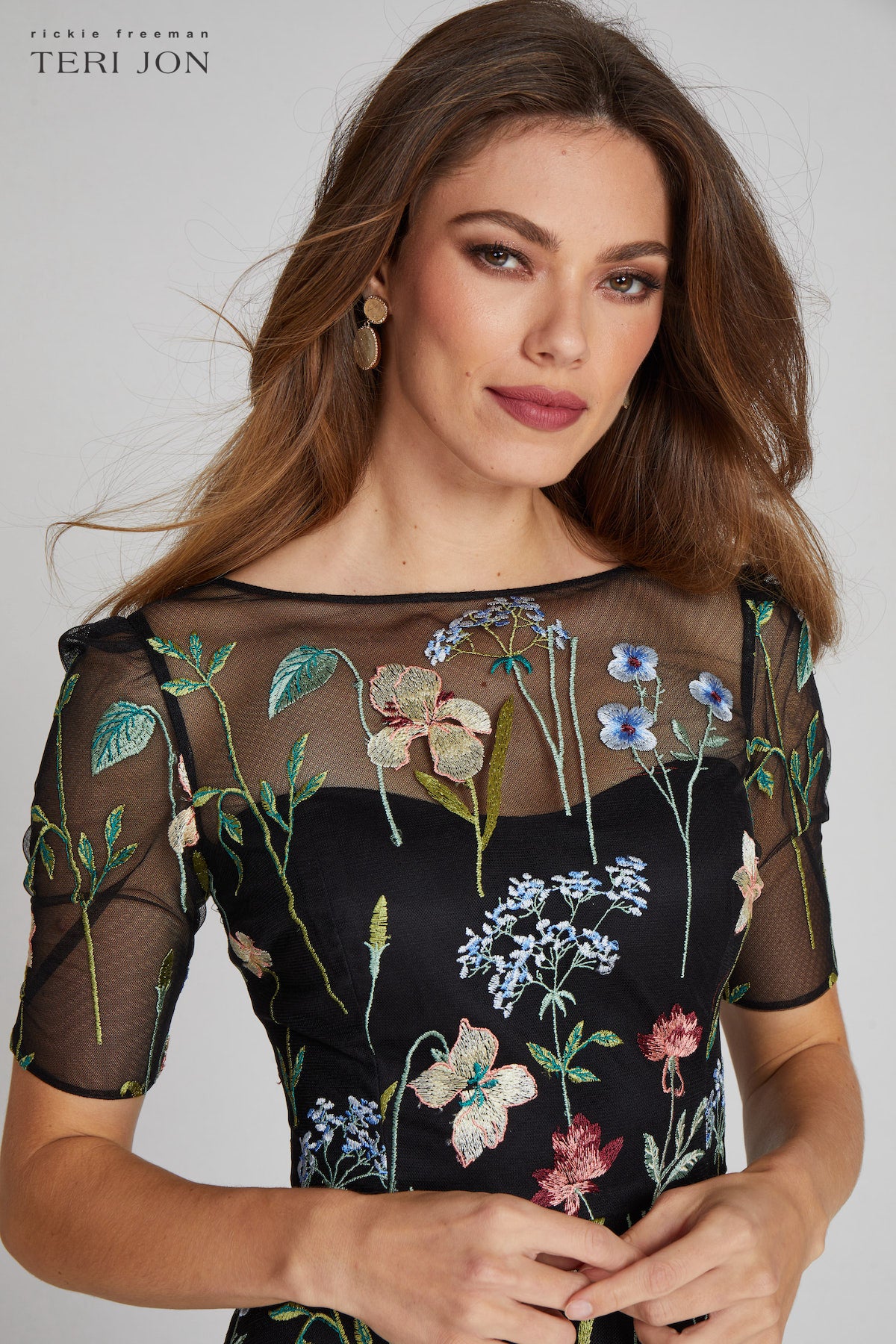rickie freeman for teri jon floral embroidered tulle midi dress Rickie Freeman For Teri Jon Floral-Embroidered Tulle Cocktail Dress, Bluemulti, Women's, 2, Cocktail & Party Wedding Guest Dresses Floral Dresses