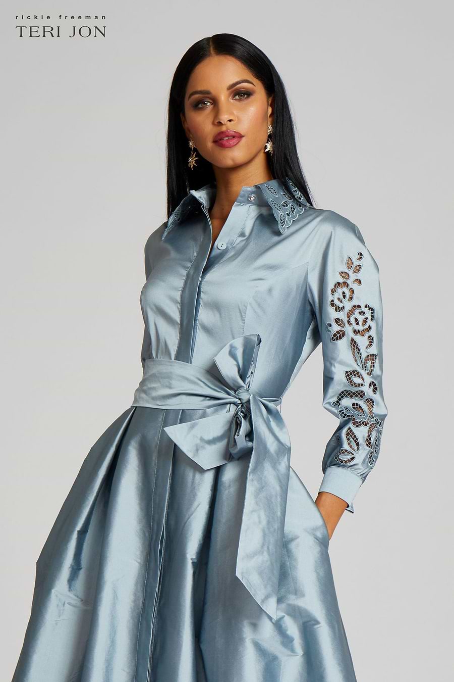 stone tie cuff detail pleated shirt dress Aspley Flare Cuff Waist Tie Dress Beige