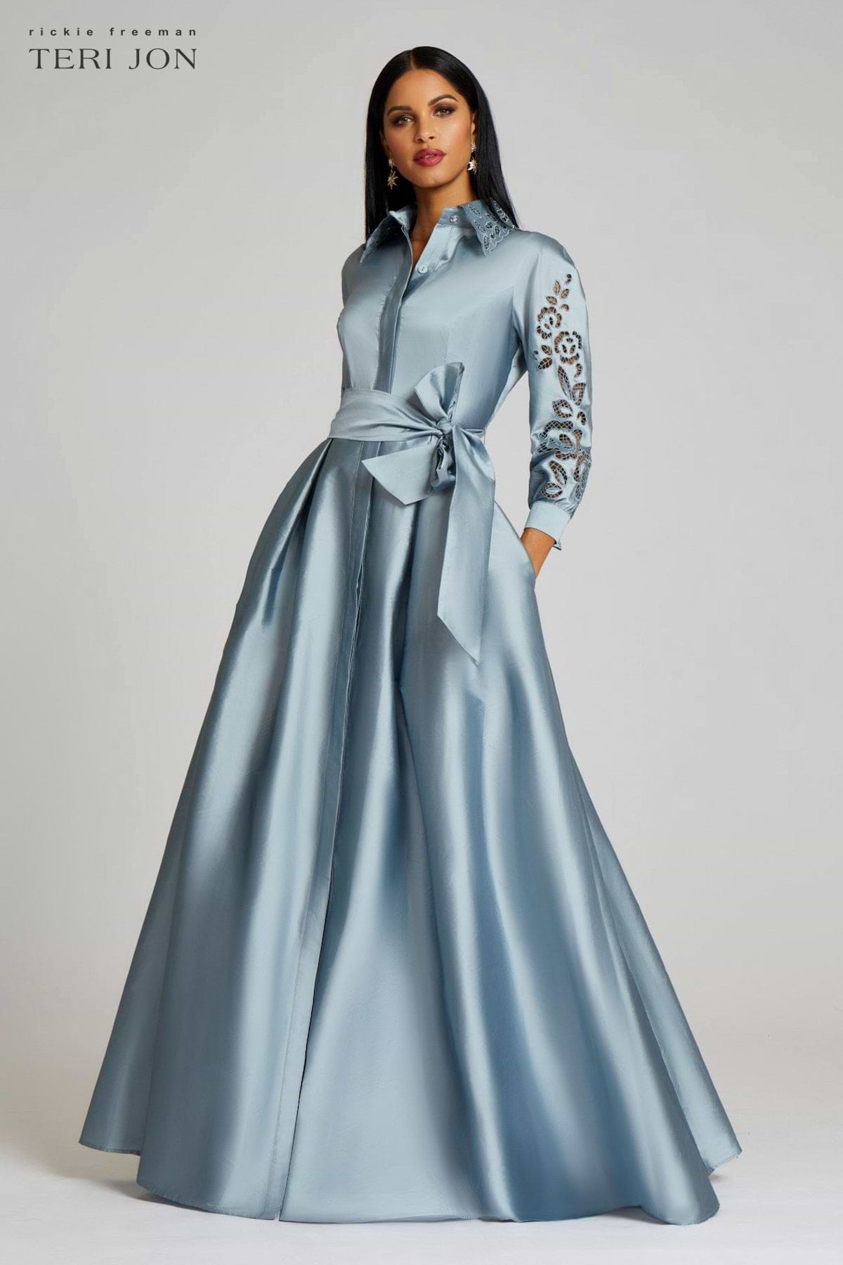 Teri Jon Taffeta Shirtdress Gown with Eyelet Detail Size 8 Teri Jon Taffeta Shirtdress Gown with Eyelet Detail Size 8