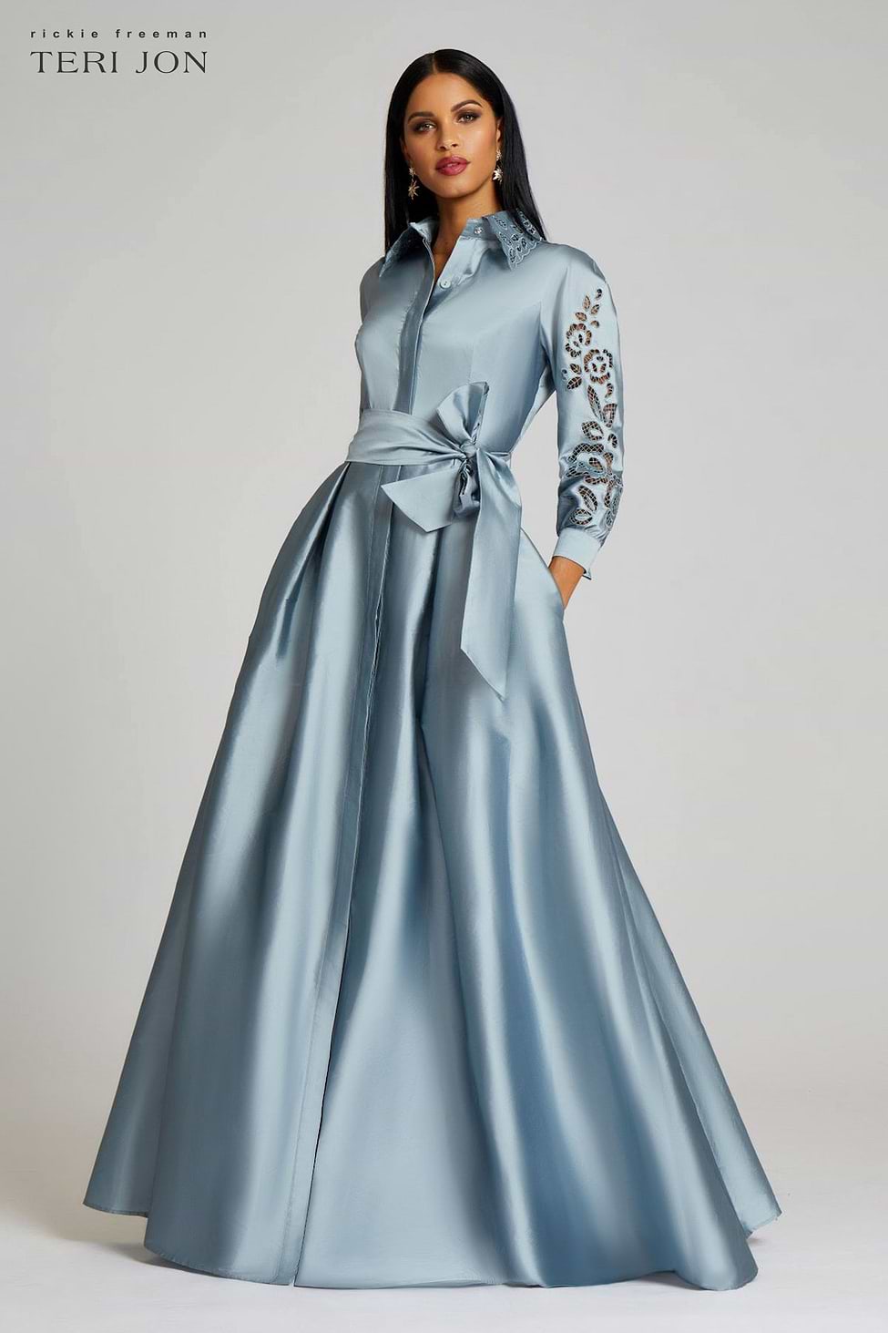 Taffeta Shirt Dress Gown With Eyelet Sleeve and Collar  Terijon.com