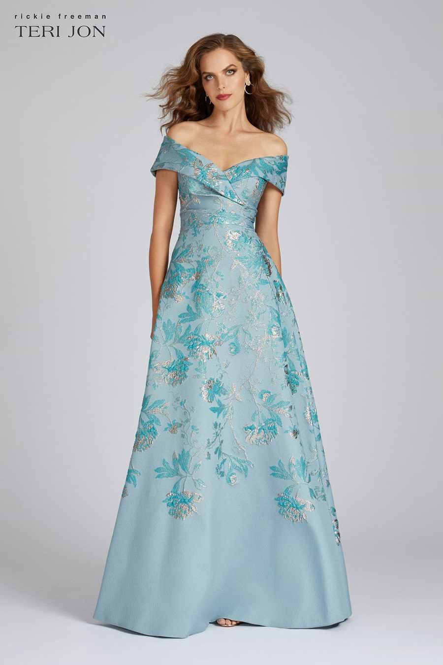 Off The Shoulder Metallic Jacquard A-Line Gown Terijon.com Off The Shoulder Metallic Jacquard A-Line Gown Terijon.com