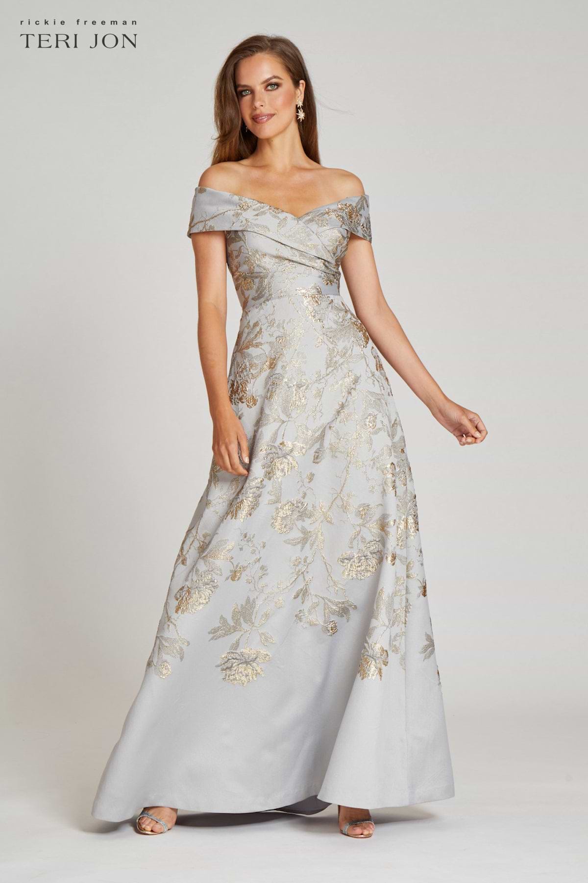 Off The Shoulder Metallic Jacquard A-Line Gown Terijon.com Off The Shoulder Metallic Jacquard A-Line Gown Terijon.com