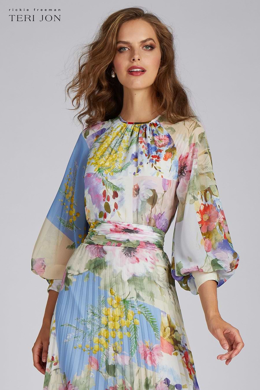 teri jon by rickie freeman long sleeve pleated maxi dress TERI JON