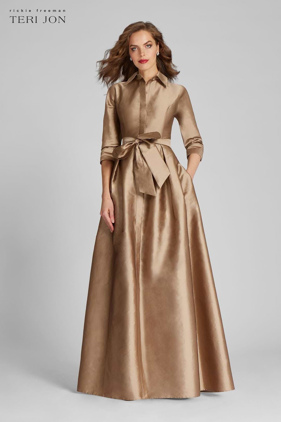 gold shirt dress Teri Jon Taffeta Shirt Waist Gown Size 22