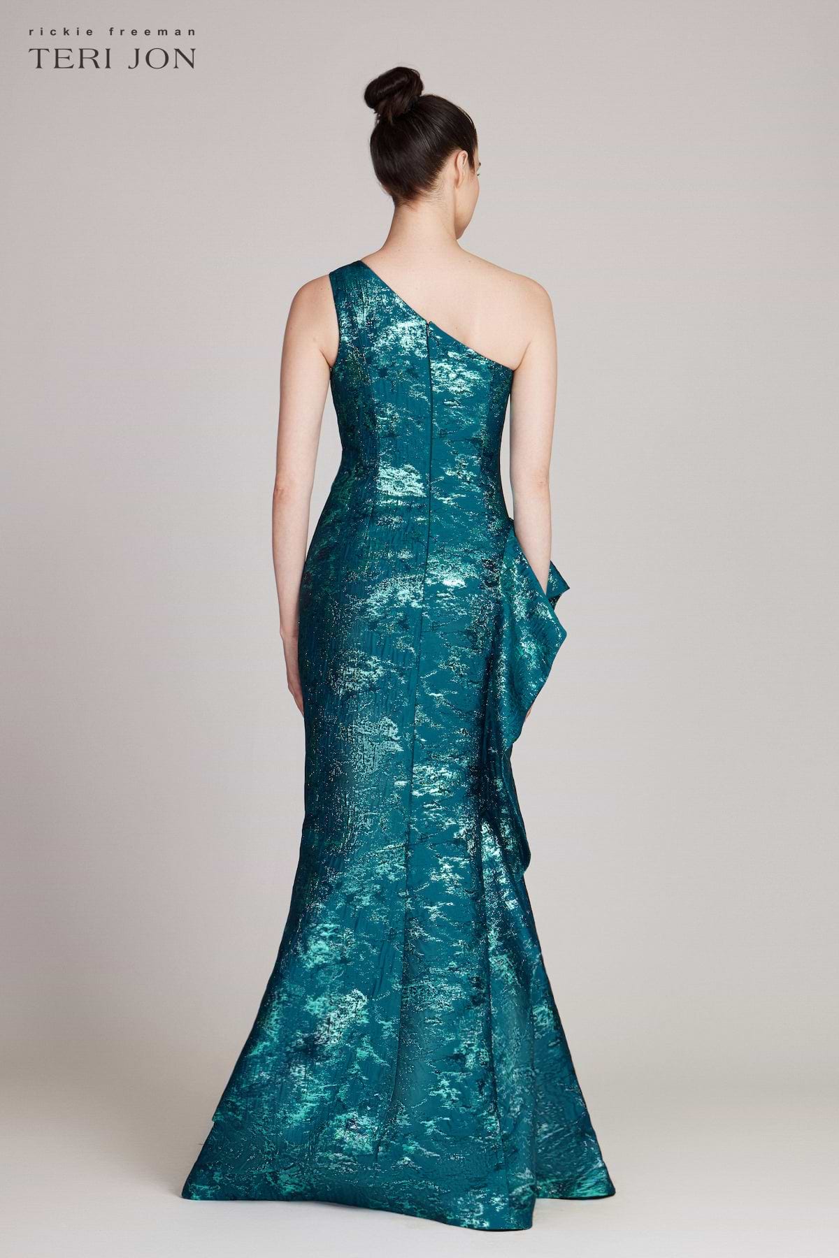 Jacquard One Shoulder Side-Ruffle Gown | Teri Jon Terijon.com Jacquard One Shoulder Side-Ruffle Gown | Teri Jon Terijon.com