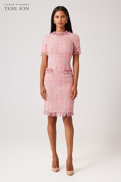 Tweed Sheath Dress With Bead Trim – Terijon.com
