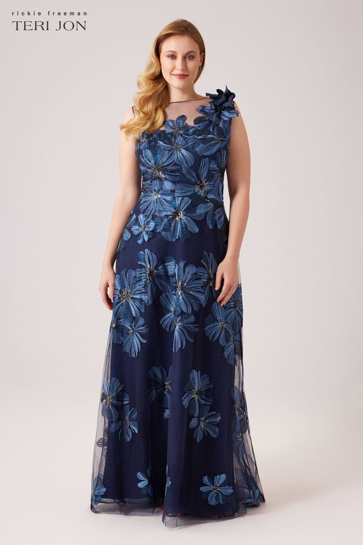 Floral Embroidered Tulle Gown With 3D Flower Floral Embroidered Tulle Gown With 3D Flower