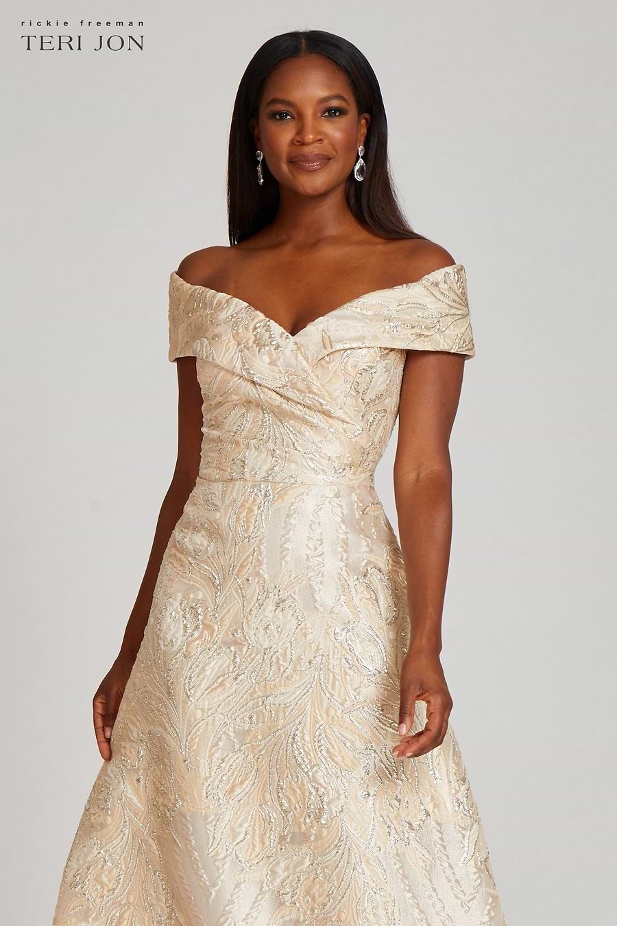 teri jon metallic dress Teri Jon Metallic Jacquard Twist Bodice Off The Shoulder Gown Size 2