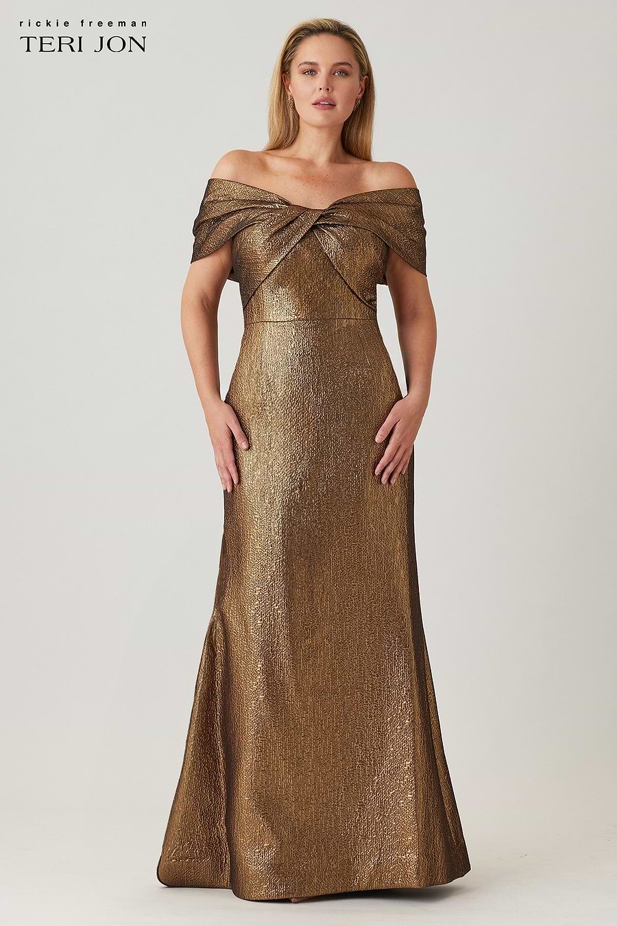 teri jon metallic dress Teri Jon Metallic Jacquard Off The Shoulder Gown Size 2