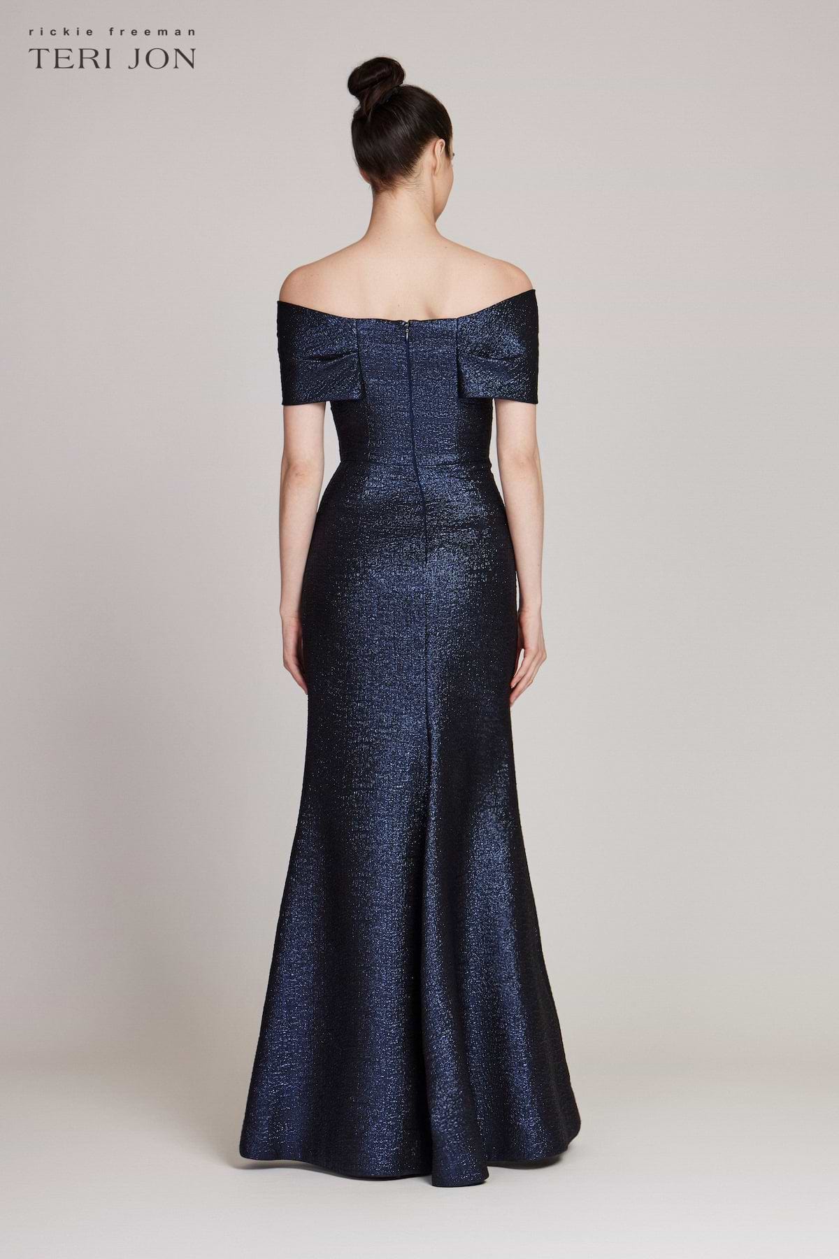 Metallic Jacquard Twist Bodice Off The Shoulder Gown Terijon.com Metallic Jacquard Twist Bodice Off The Shoulder Gown Terijon.com