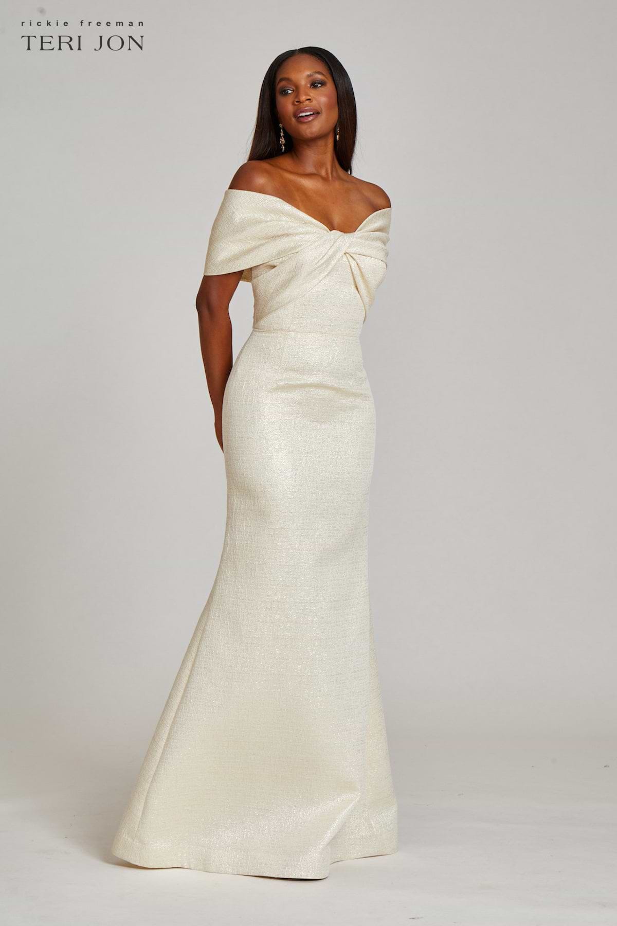 Teri Jon Jackie Jon Formal Dresses Metallic Jacquard Twist Bodice Off The Shoulder Gown Teri Jon Jackie Jon Formal Dresses Metallic Jacquard Twist Bodice Off The Shoulder Gown