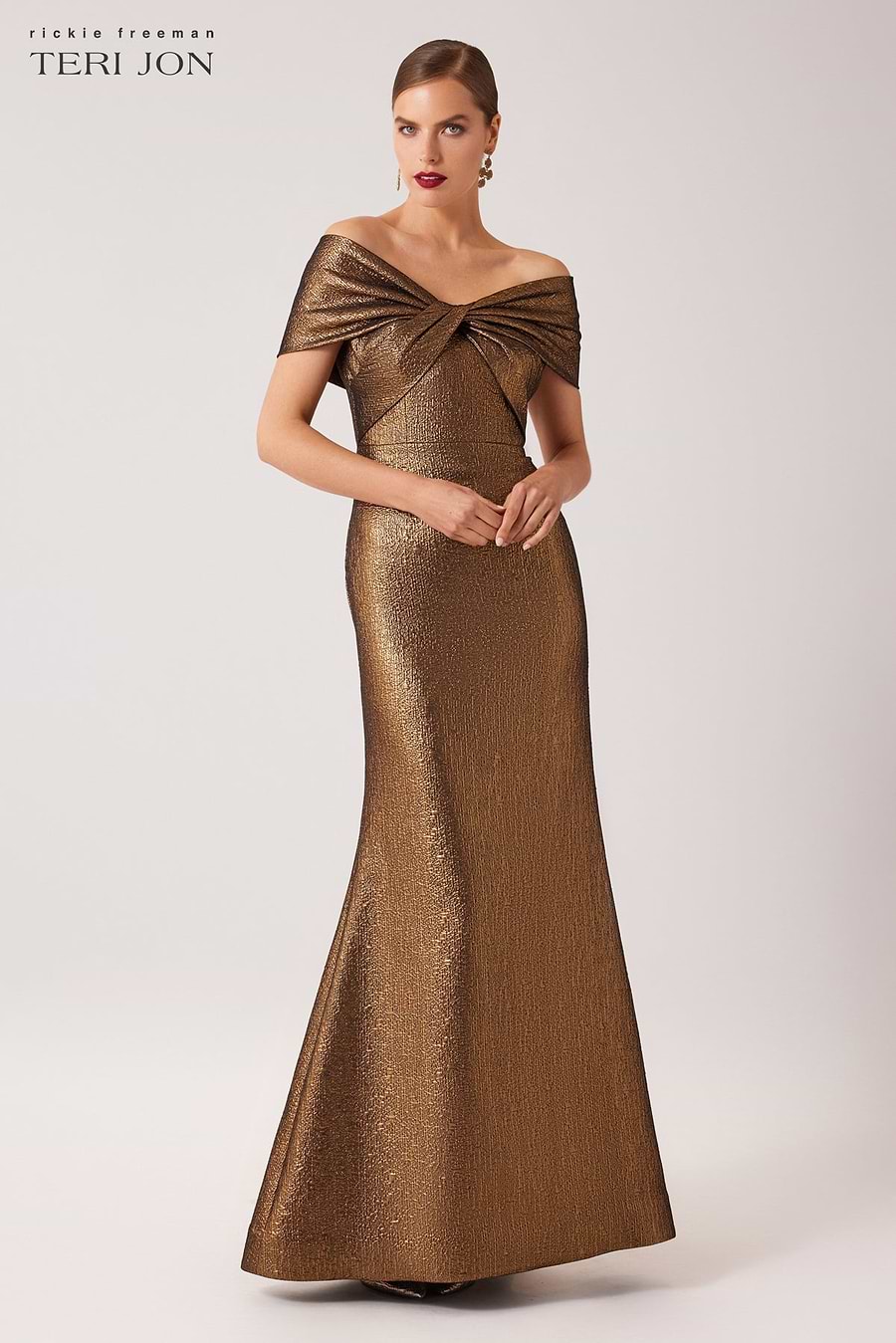 Teri Jon Metallic Jacquard Twist Bodice Off The Shoulder Gown Size 18 Teri Jon Metallic Jacquard Twist Bodice Off The Shoulder Gown Size 18
