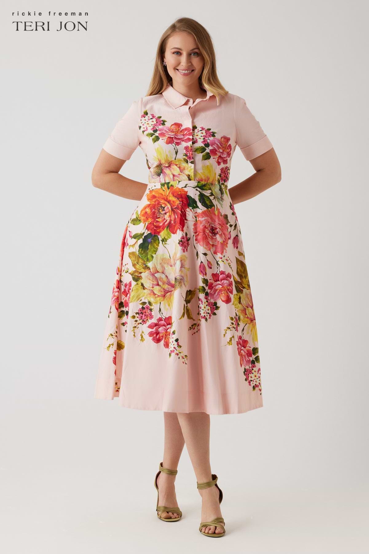 floral shirt dress Teri Jon Bold Floral Print Shirt Midi Dress - Pink Multi