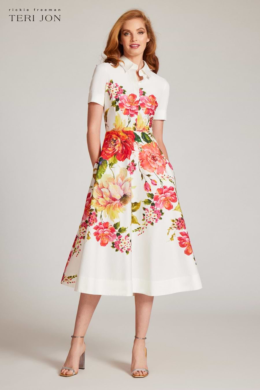 Teri Jon Bold Floral Print Shirt Midi Dress - Pink Multi - 4 Teri Jon Bold Floral Print Shirt Midi Dress - Pink Multi - 4