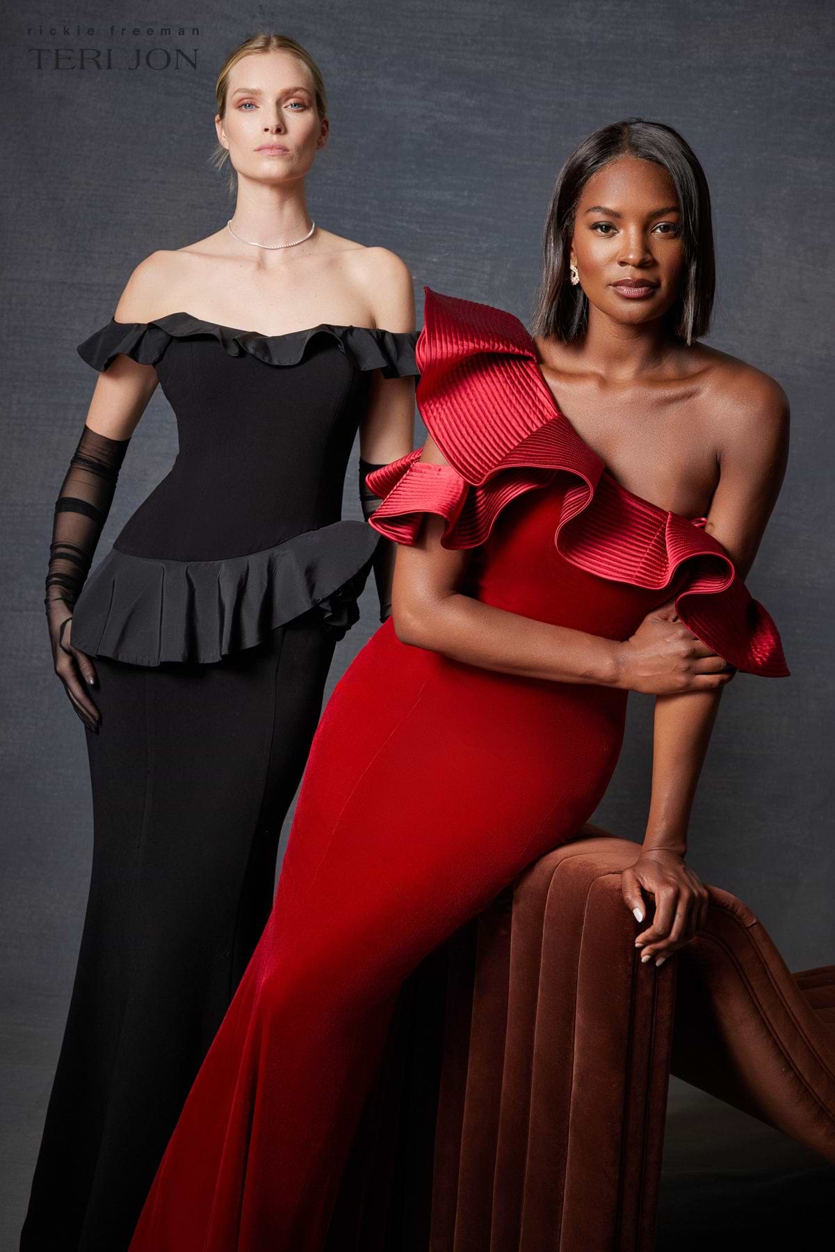 teri jon asymmetrical peplum dress Velvet Ruffle Asymmetrical Gown – Terijon.com