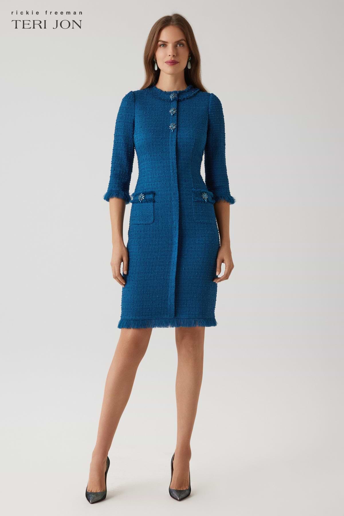 Stretch Boucle Jewel Button Trim Tweed Dress – Terijon.com