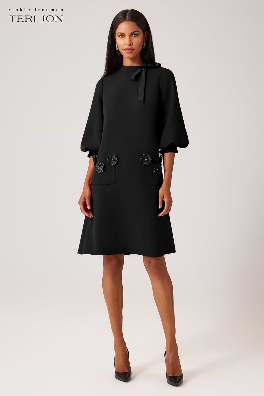 Crepe Tie Neck Flower Applique Trim Dress – Terijon.com
