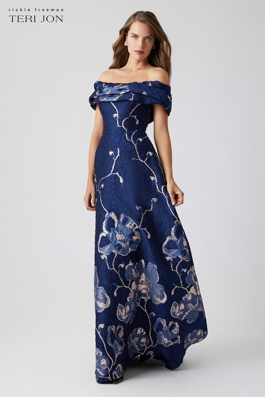 navy blue floral off the shoulder dress May Queen MQ2176 - Long A-line Dress