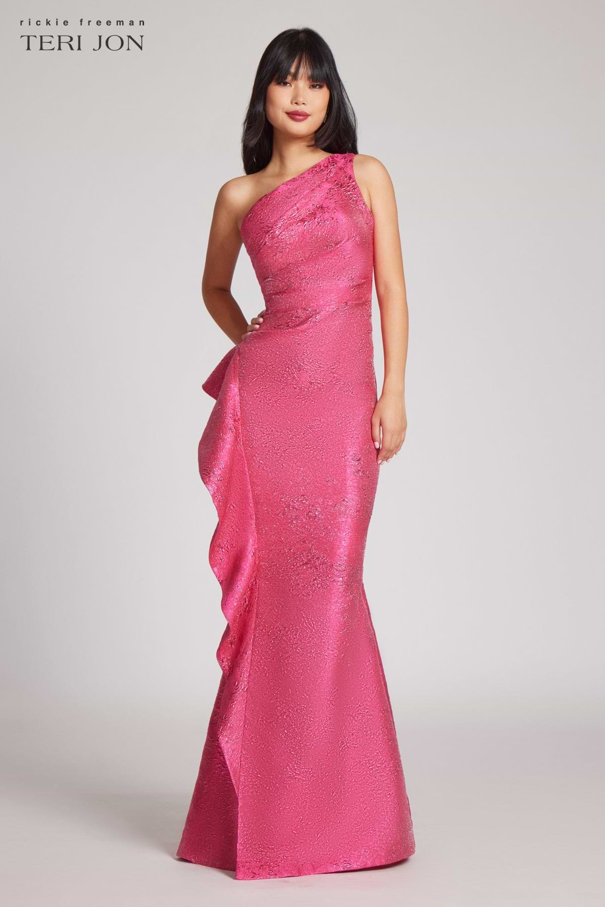 Jacquard Side Ruffle One Shoulder Gown  Terijon.com