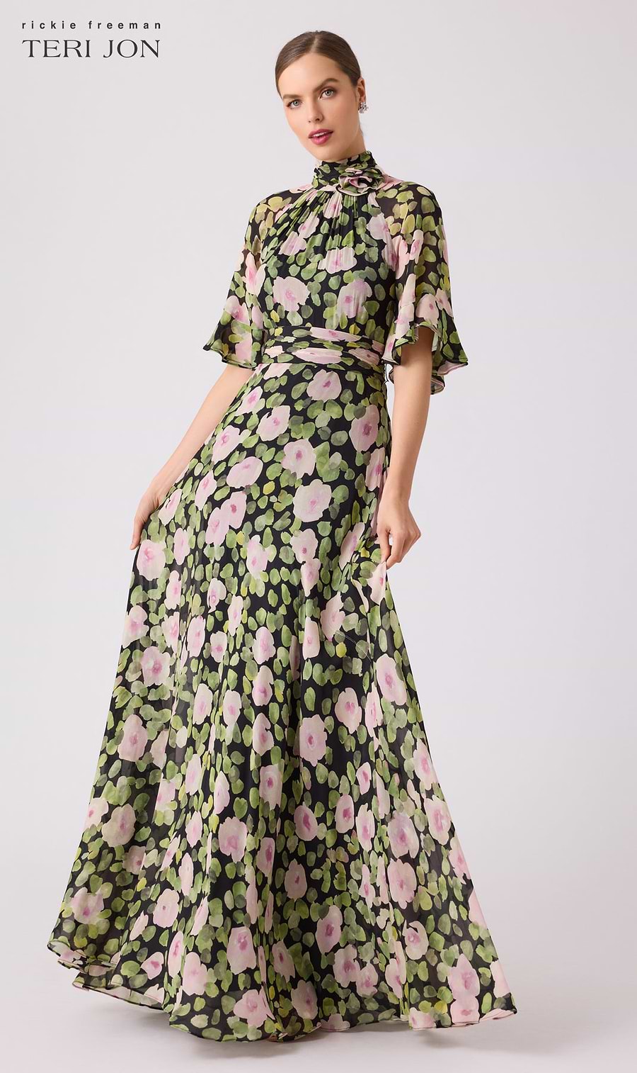 teri jon chiffon dress Printed Chiffon Pleated Full Sleeve Dress