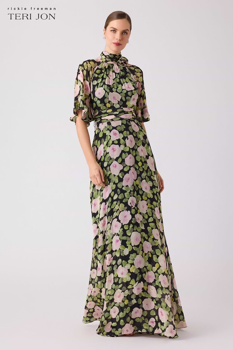 flutter sleeve chiffon dress Chiffon Floral Flutter Sleeve Mock Neck Maxi Dress – Terijon.com