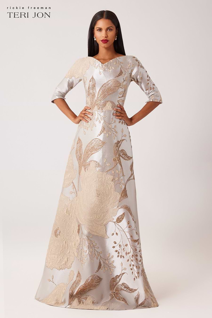Metallic Jacquard A-Line Evening Gown Terijon.com Metallic Jacquard A-Line Evening Gown Terijon.com