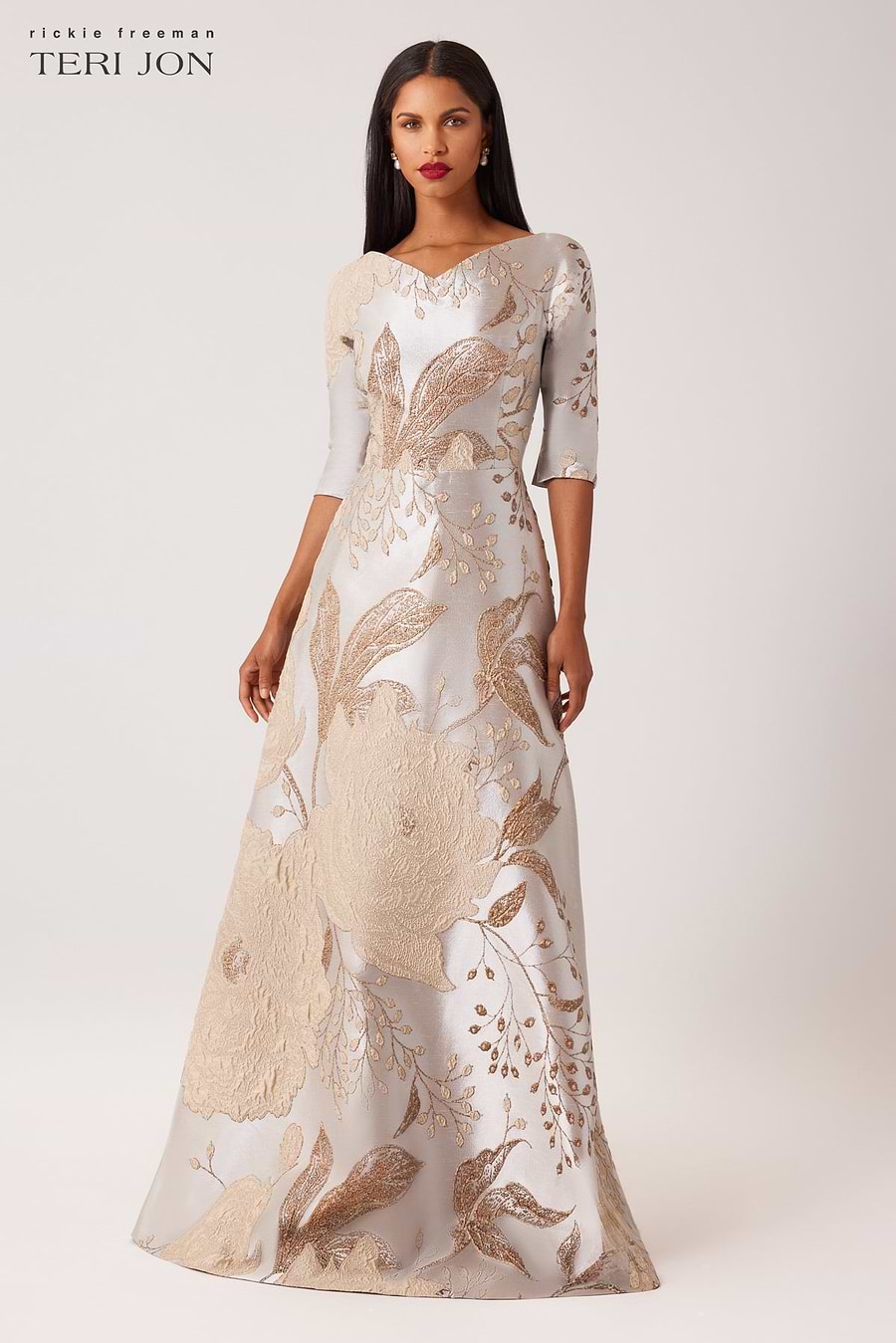 teri jon by rickie freeman dresses Metallic Jacquard A-Line Evening Gown – Terijon.com