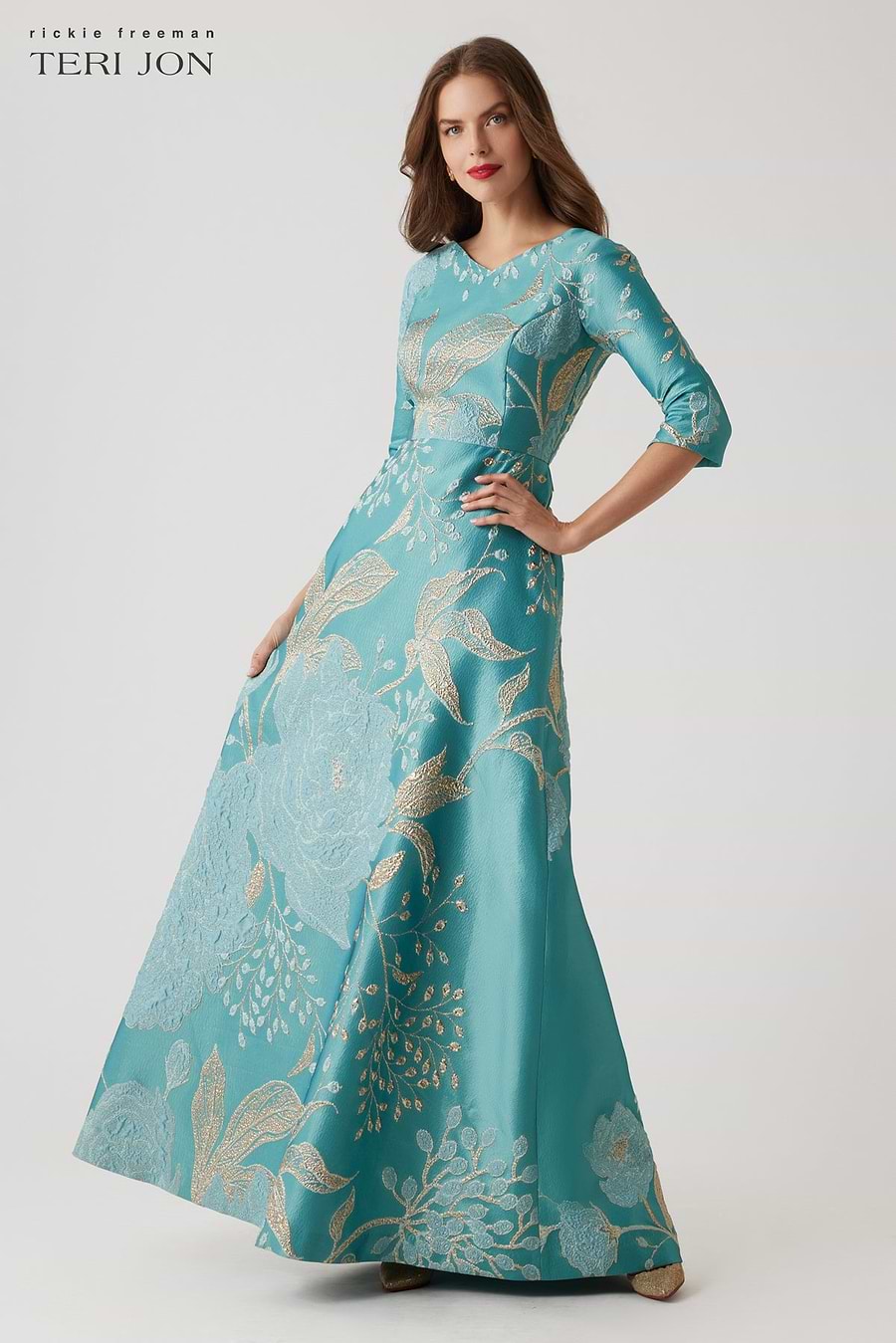 rickie freeman evening dresses Teri Jon Metallic Jacquard A-Line Evening Gown Size 4