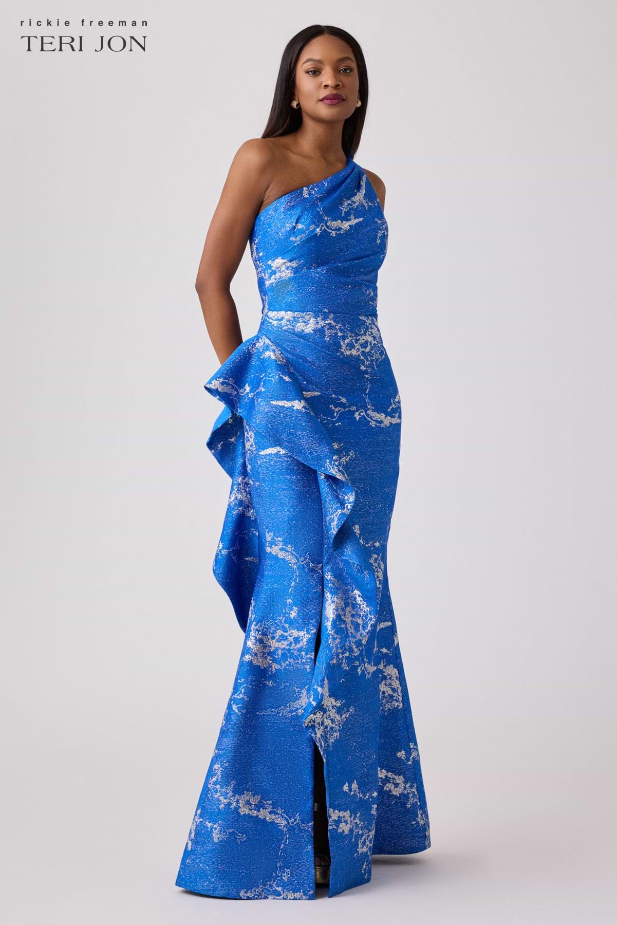 Metallic Jacquard One Shoulder Side Ruffle Gown Terijon.com Metallic Jacquard One Shoulder Side Ruffle Gown Terijon.com