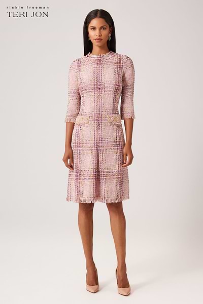 Plaid Pattern Tweed Jewel Neckline 3/4 Sleeve Dress Plaid Pattern Tweed Jewel Neckline 3/4 Sleeve Dress