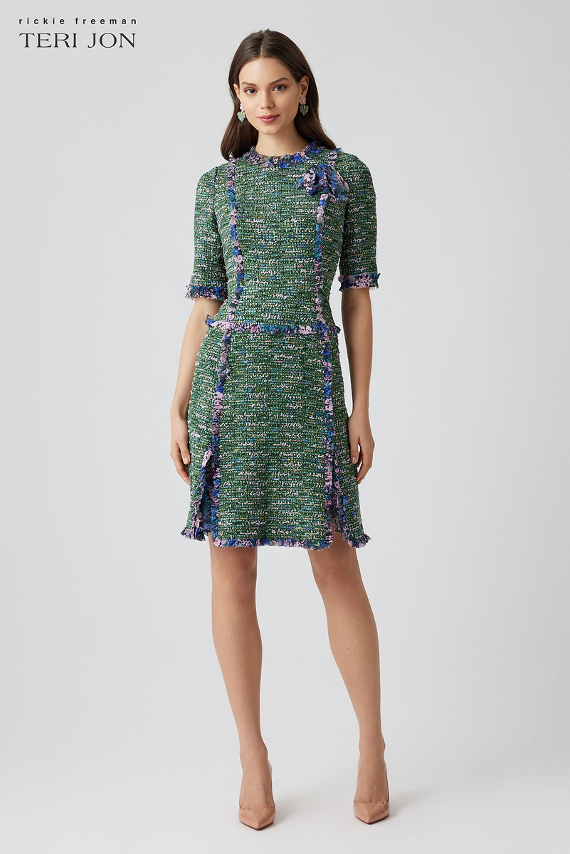 【CHICLINE】Merion See-Through Tie Neck Tweed Dress EZAPINE Womens Tweed Dress Elegant V Neck Ruffle Sleeve