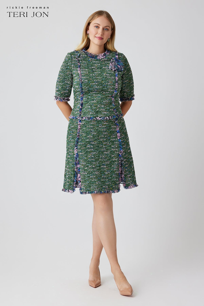 Boucle Tweed Chiffon Trim Short Sleeve Dress – Terijon.com