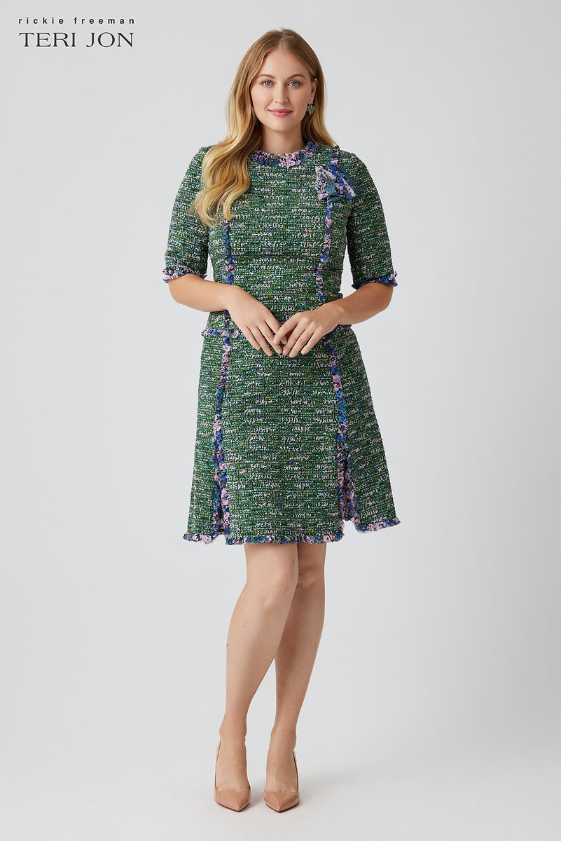 【I AM MARI】25SS★ Rocha Tweed Ribbon Short Sleeve Flare OP Boucle Tweed Chiffon Trim Short Sleeve Dress – Terijon.com