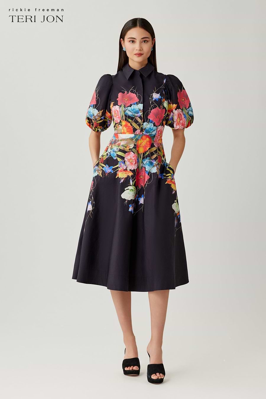 Teri Jon By Rickie Freeman Women's Floral Cotton Puff-Sleeve Midi-Dress - Black Multi - Size 16