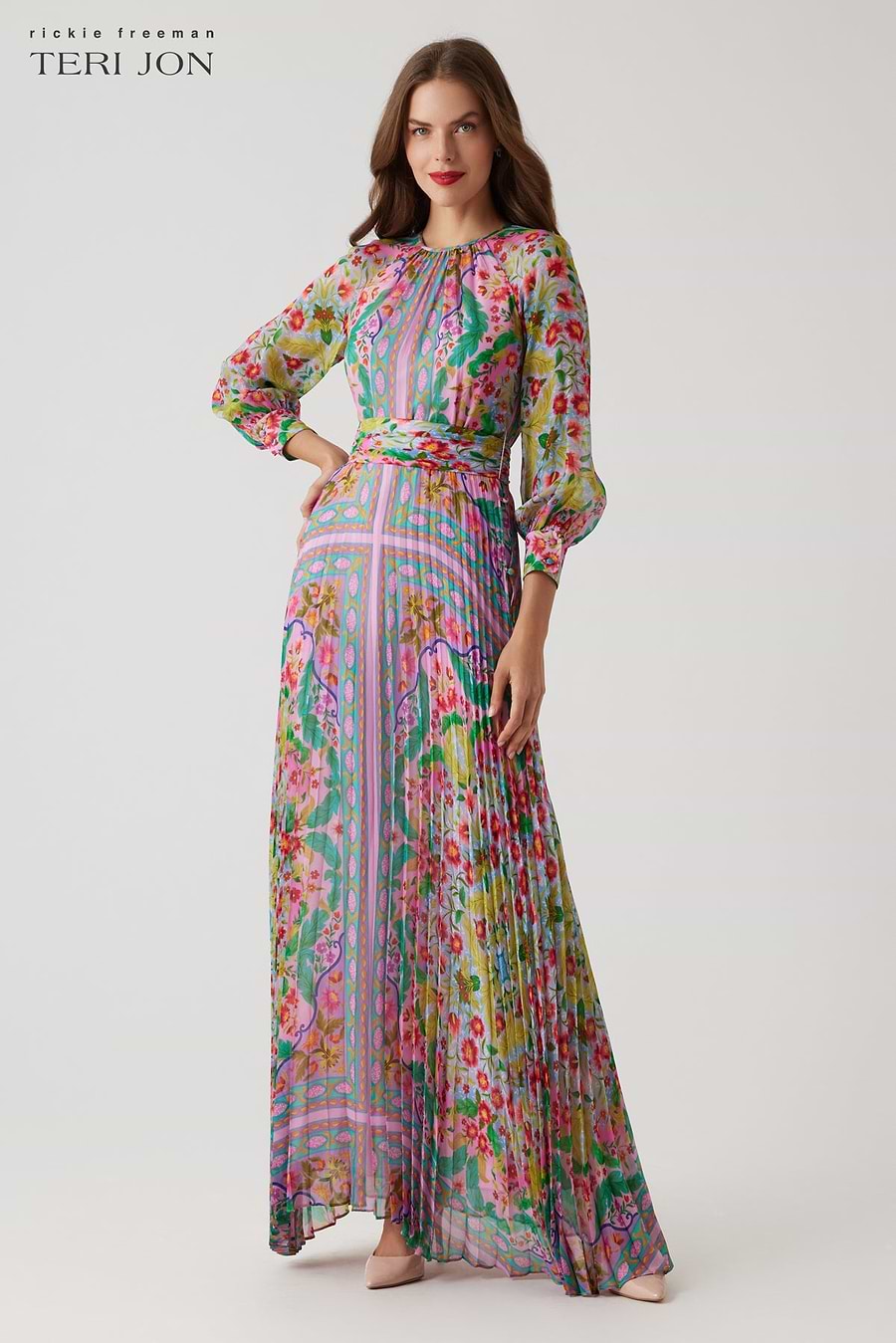 Patchwork Printed Chiffon Pleated Gown – Terijon.com