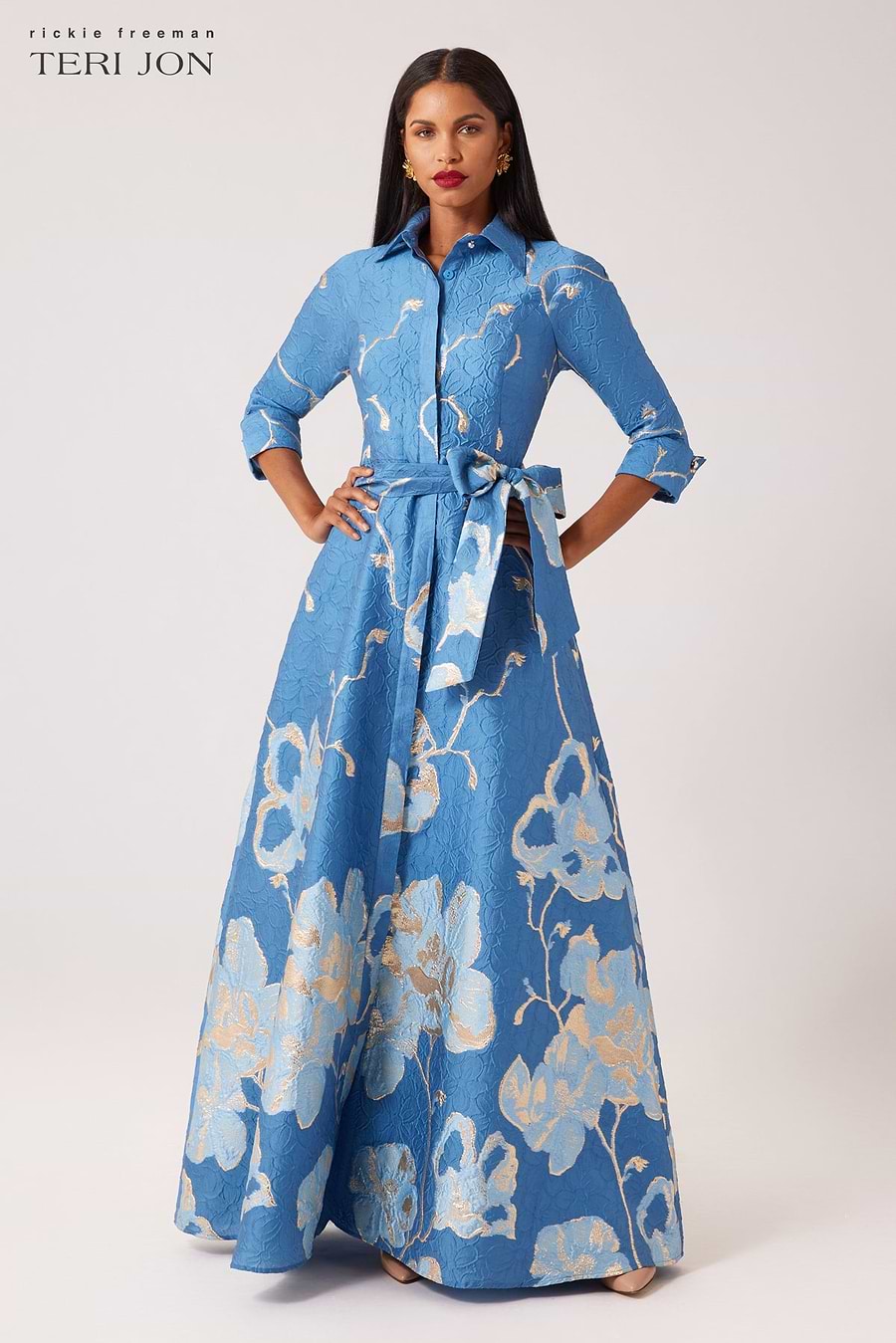 Teri Jon Metallic Jacquard Shirtwaist Gown - Slate Multi - 4 Teri Jon Metallic Jacquard Shirtwaist Gown - Slate Multi - 4