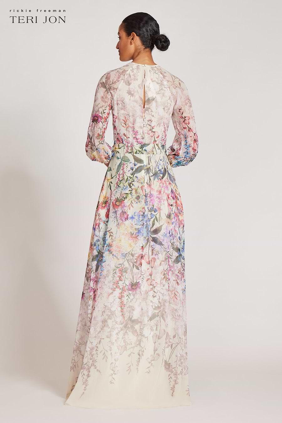 teri jon a line dress Teri Jon Chiffon Border Print Drape Neck 3/4 Sleeve A Line Midi Dress Size 8