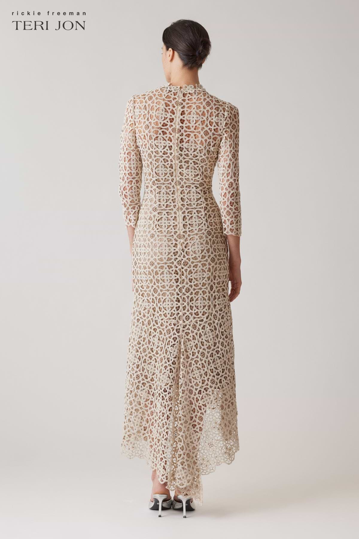 teri jon by rickie freeman stretch crochet maxi dress Teri Jon Stretch Crochet 3/4 Sleeve High Low Dress Size 2