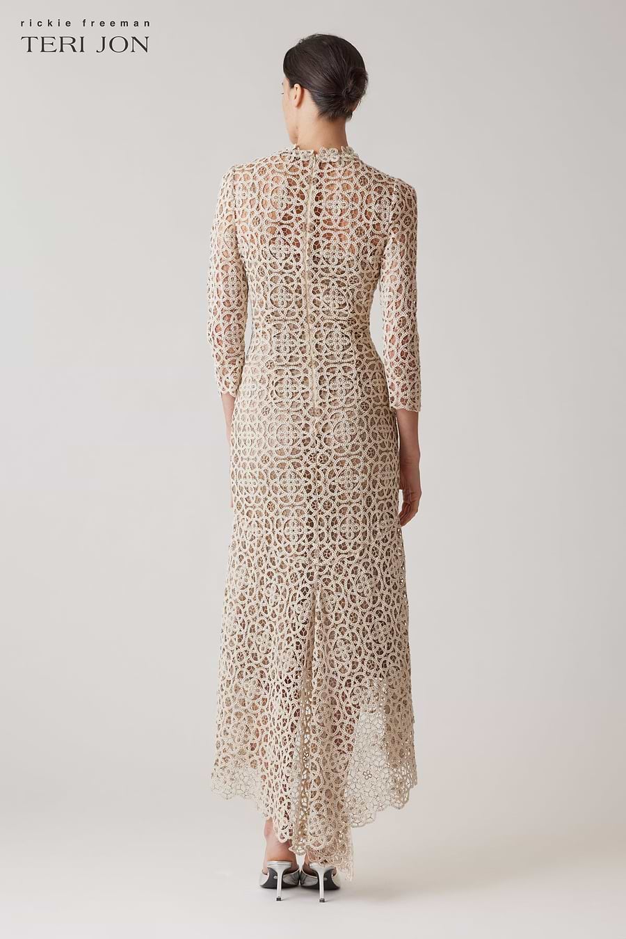 teri jon by rickie freeman stretch crochet maxi dress Teri Jon Stretch Crochet 3/4 Sleeve High Low Dress Size 2