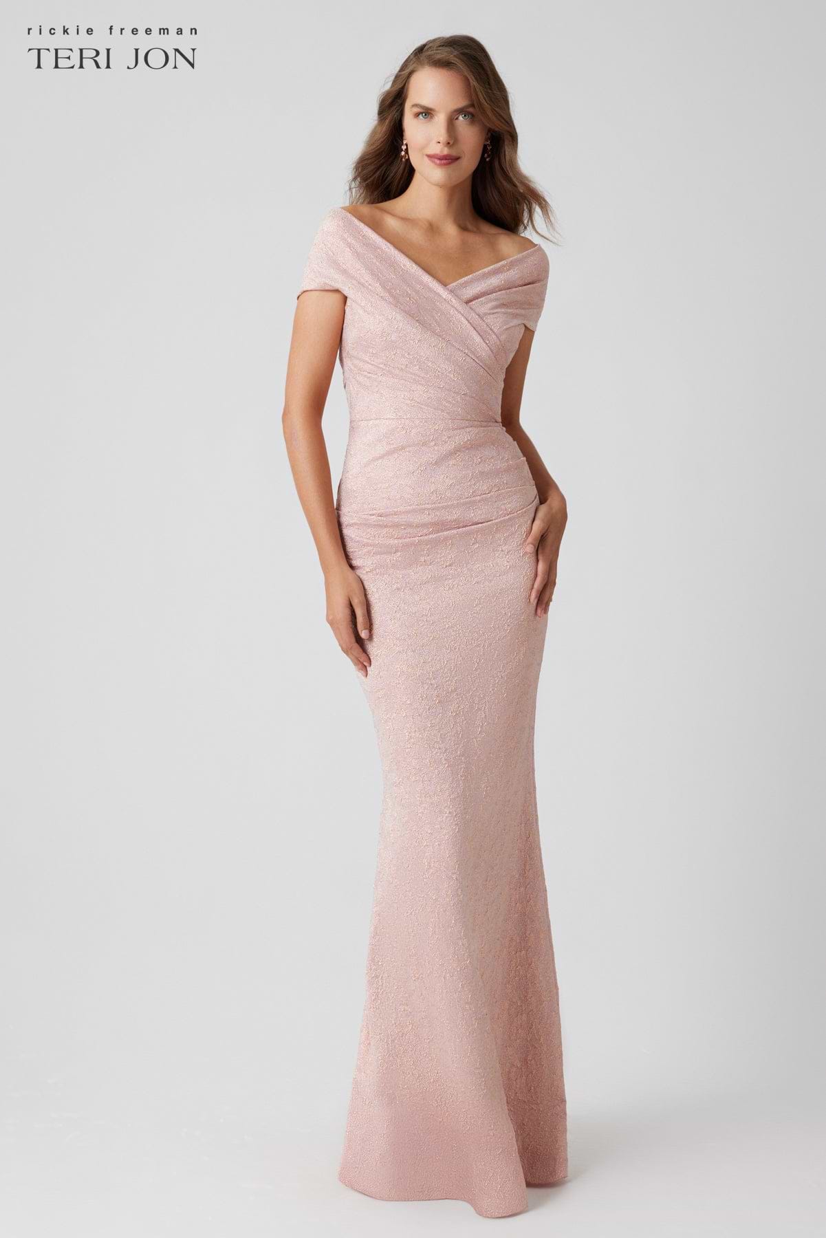 Teri Jon Metallic Jacquard Gown - Rose Gold