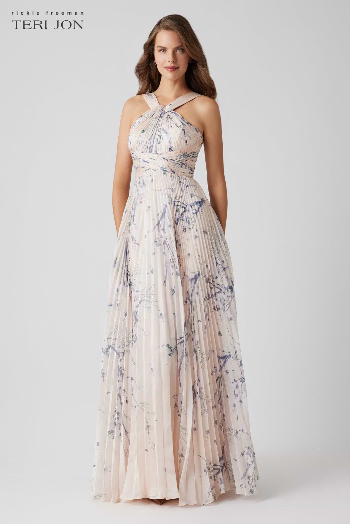 Chiffon Accordion Pleated Branch Print Halter Gown – Terijon.com