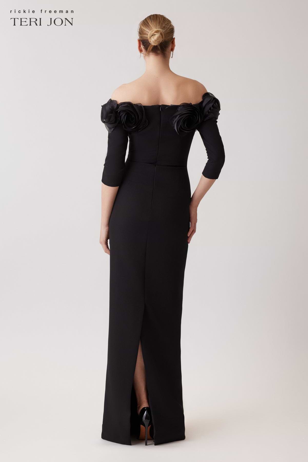 teri jon by rickie freeman crepe off-the-shoulder embroidered tulle dress Teri Jon by Rickie Freeman Women's Butterfly Appliqu Lace-Tulle Off-The-Shoulder Gown - Navy