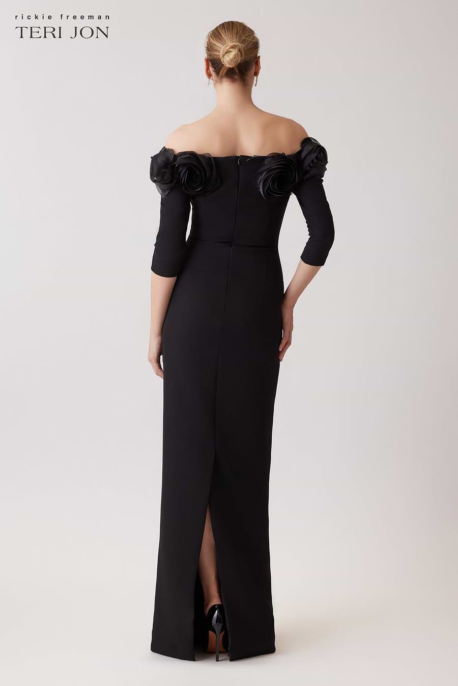 teri jon by rickie freeman crepe off-the-shoulder embroidered tulle dress Teri Jon by Rickie Freeman Women's Butterfly Appliqu Lace-Tulle Off-The-Shoulder Gown - Navy