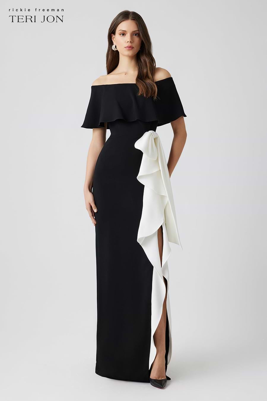 crepe off the shoulder dress Teri Jon Crepe Off-the-Shoulder Flounce Bow Gown Size 10