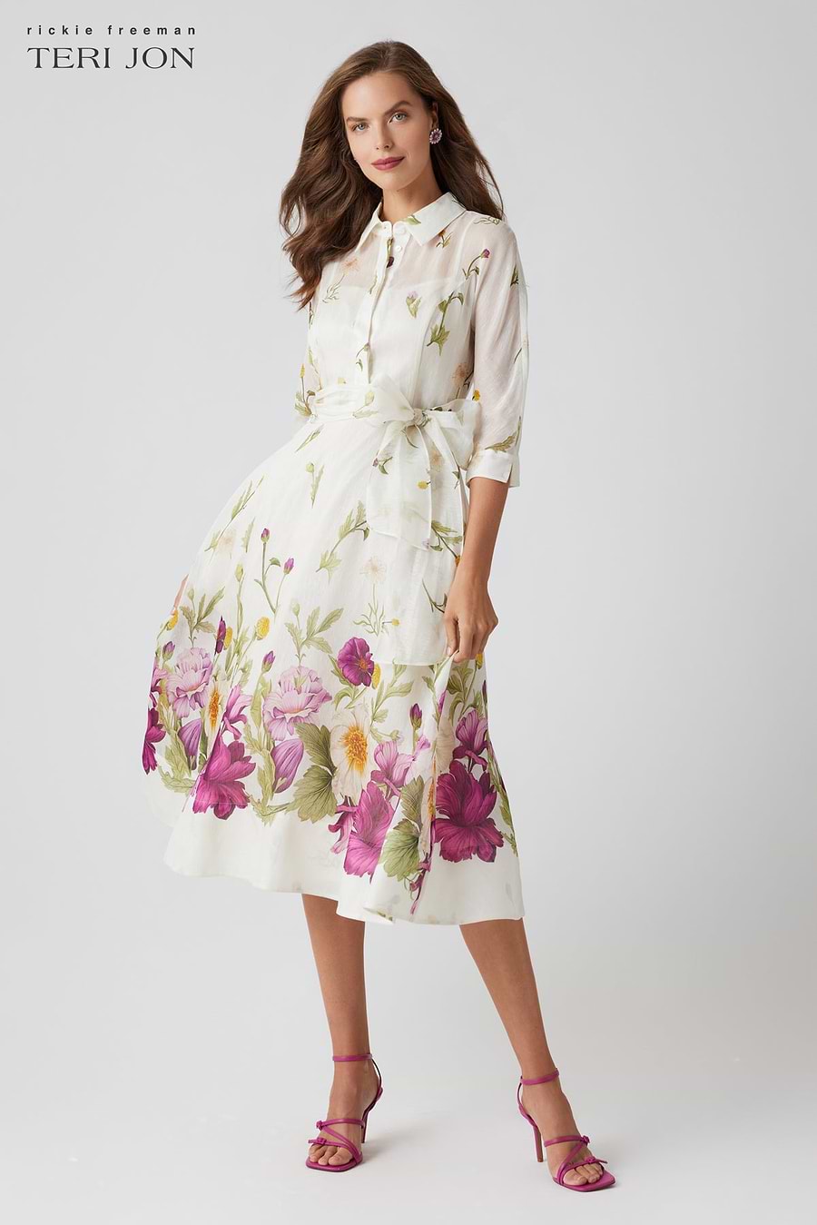Rickie Freeman For Teri Jon Silk And Linen Floral Dress - Ivory Multi Rickie Freeman For Teri Jon Silk And Linen Floral Dress - Ivory Multi